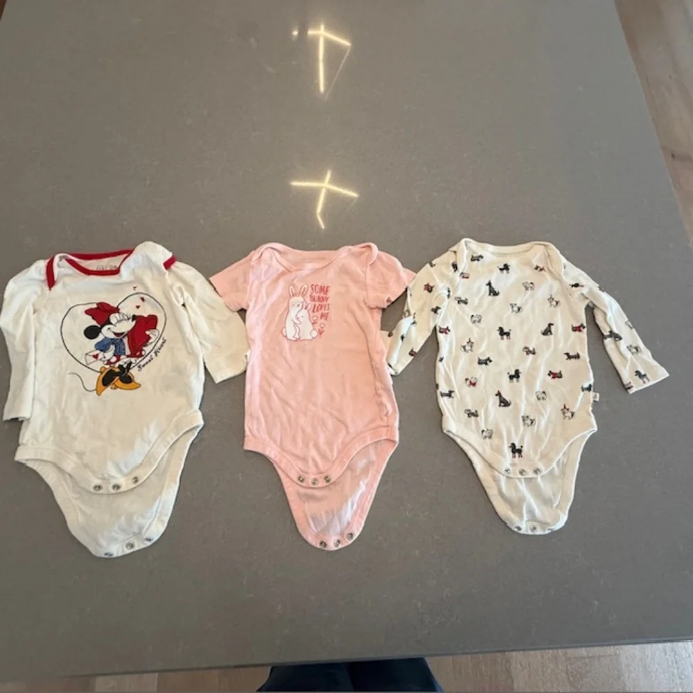 3 Barely Worn 6-12M Baby Girl Onesies Minnie, Bunny, Dogs (2 Gap, 1 Joe Fresh)
